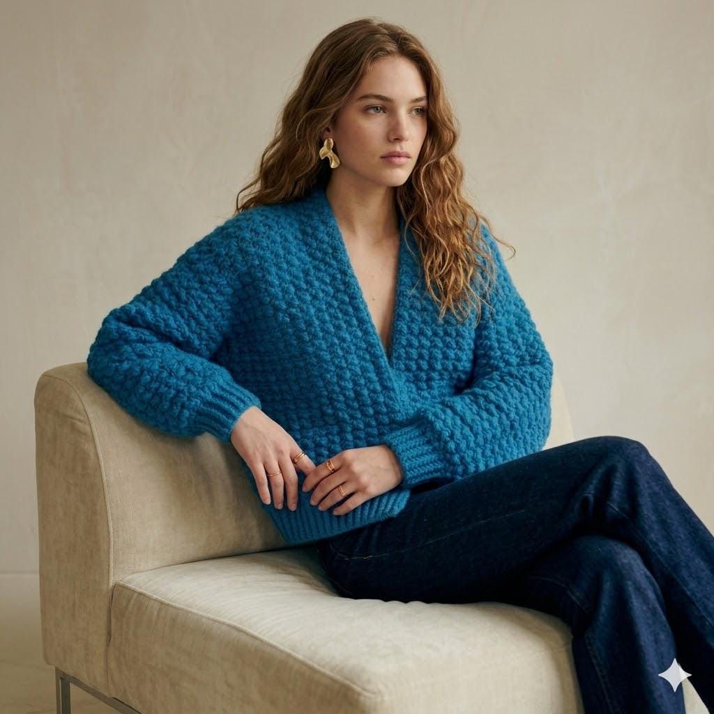Vintage Handknit Blue Cardigan Sweater | Chunky Knit | Cozy Boho Knitwear | Xl